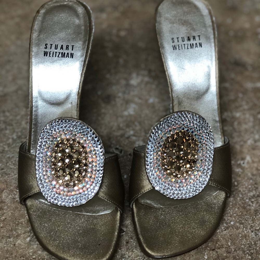 Stuart Weitzman Leather Slides Gold & Metalilic